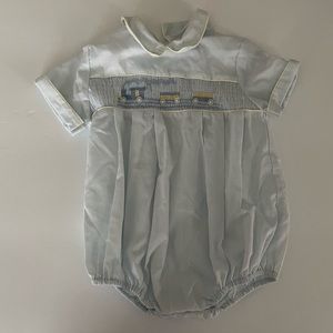 Carriage Boutiques Vintage Baby Smocked Light Blue Train Romper Sz 12 Months